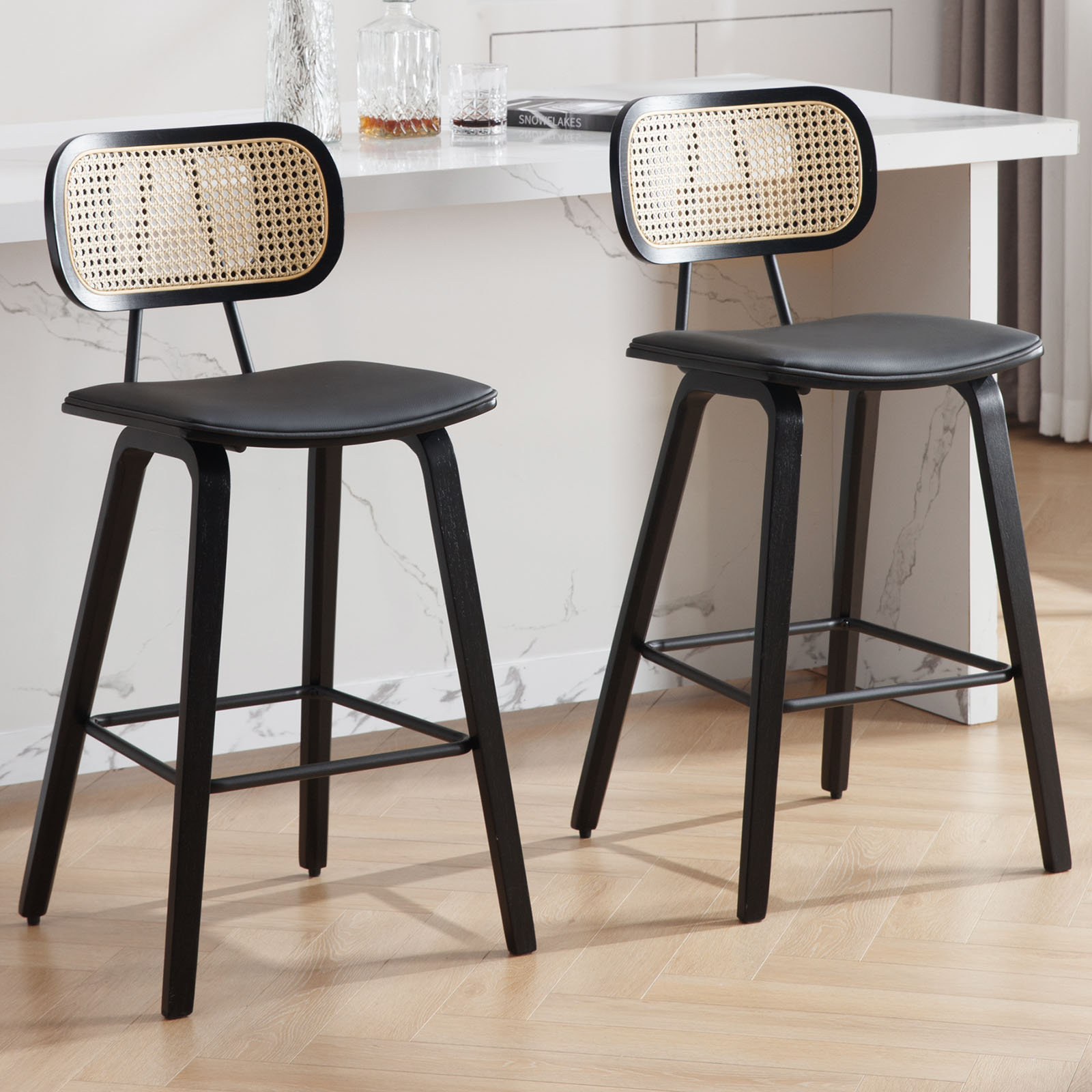 Bayou Breeze 26" Upholstered Rattan Back Counter Height Bar Stools ...